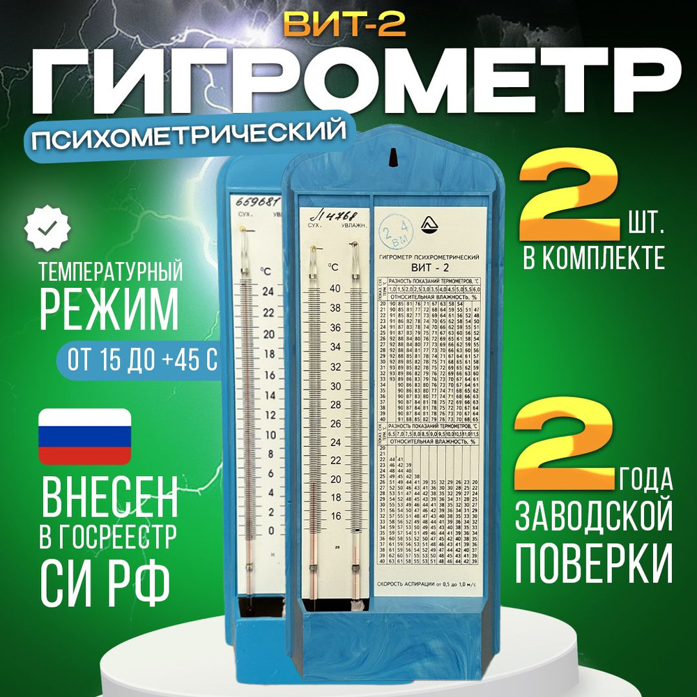 Гигрометр психрометрический ВИТ-2 (от +15 до +40) с поверкой РФ на 2 года, 2 шт  #1