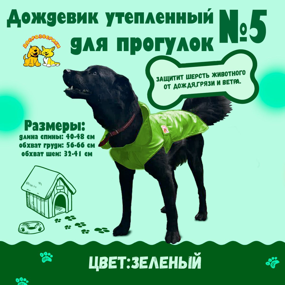 Дождевик для собак Доброзверики, №5, утепленный, зеленый (длина спины 40-48 см, обхват груди 56-66 см) #1