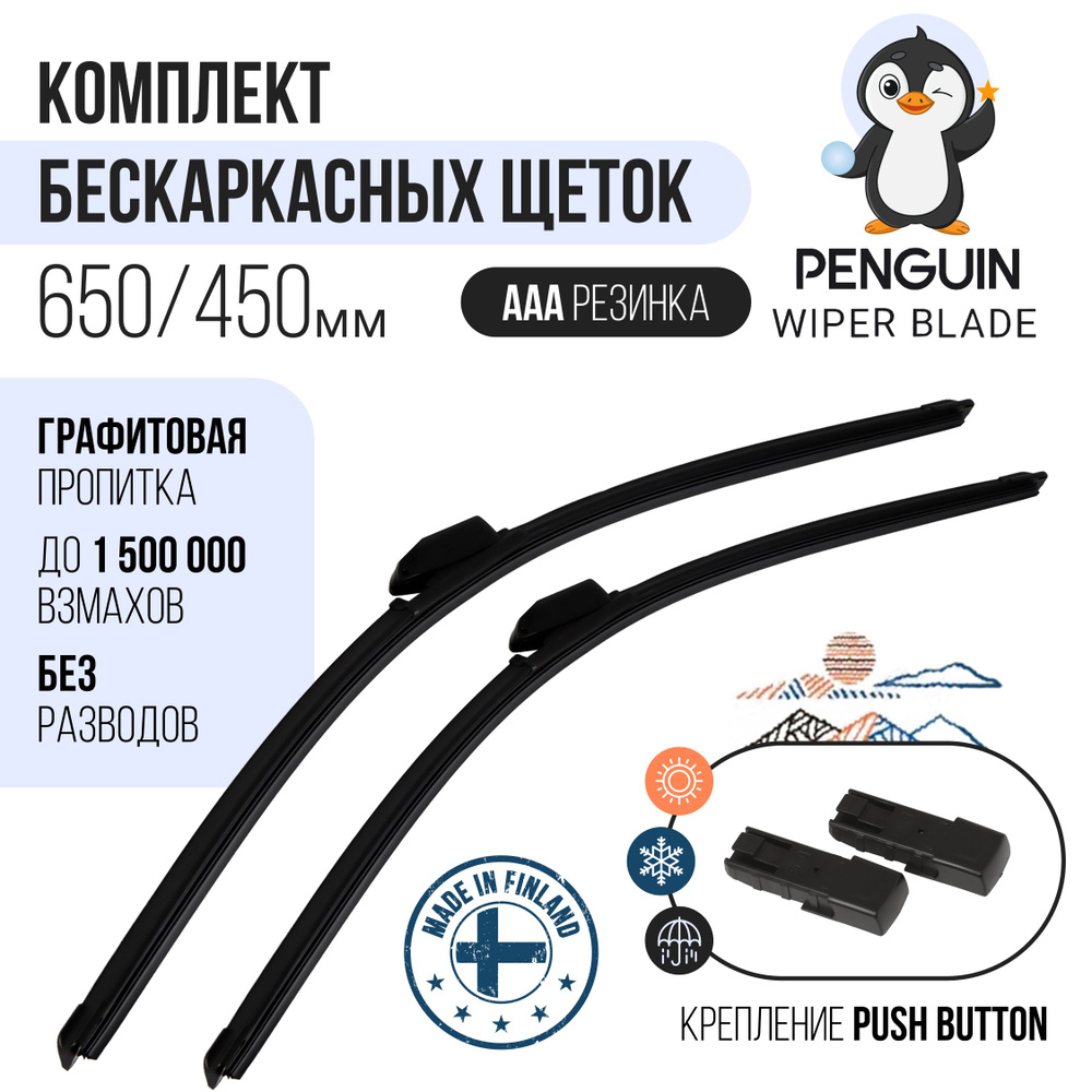 650 450 мм. Push Button 19 мм. Комплект бескаркасных щеток стеклоочистителя Penguin дворники BMW 6 Gran #1