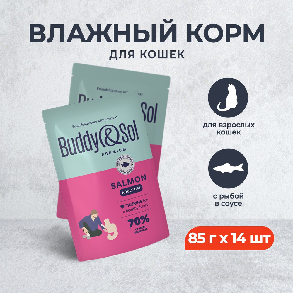 Buddy&Sol Premium Adult для взрослых кошек с рыбой в соусе, в паучах - 85 г х 14 шт  #1