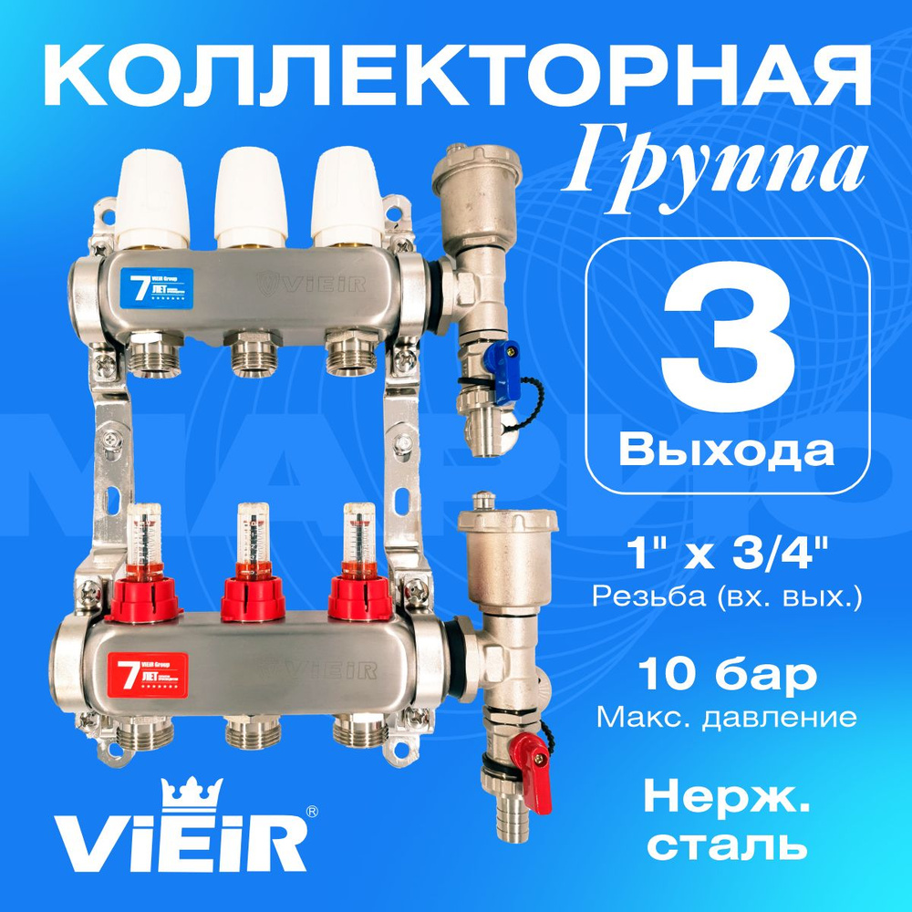 Коллекторная группа с расходомерами, 3 выхода, без кранов, 1"x3/4" VIEIR VR113-03A  #1