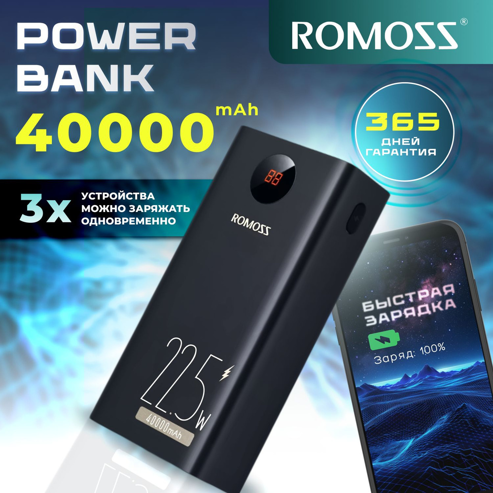 Внешний аккумулятор (Power Bank) Romoss PEA40PF 40000мАч 22.5 Вт Быстрая зарядка LED дисплей (Черный) #1