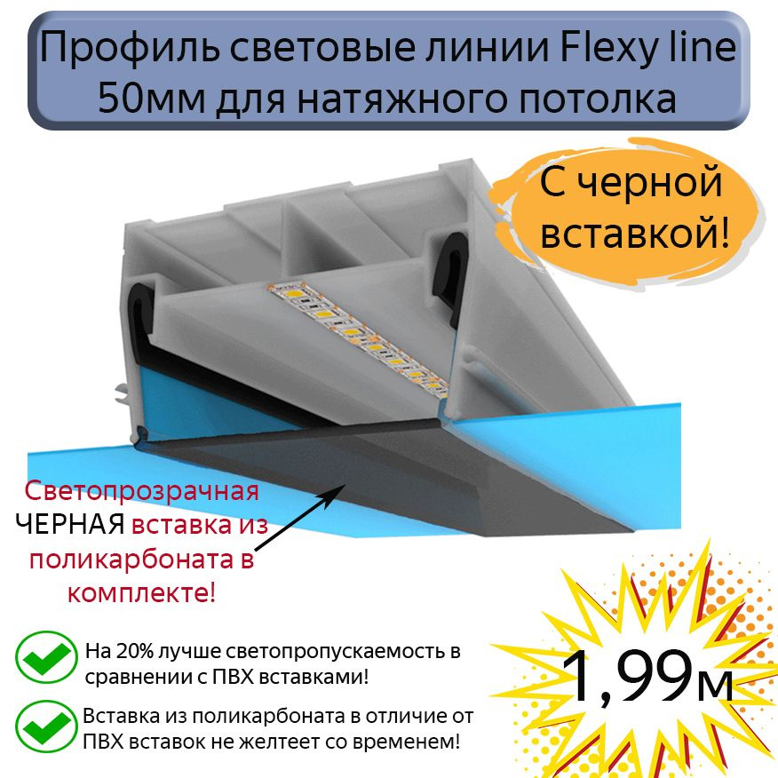 Профиль световые линии Flexy line 50мм,ЧЕРНАЯ вставка ПК в комплекте, 1,99м  #1