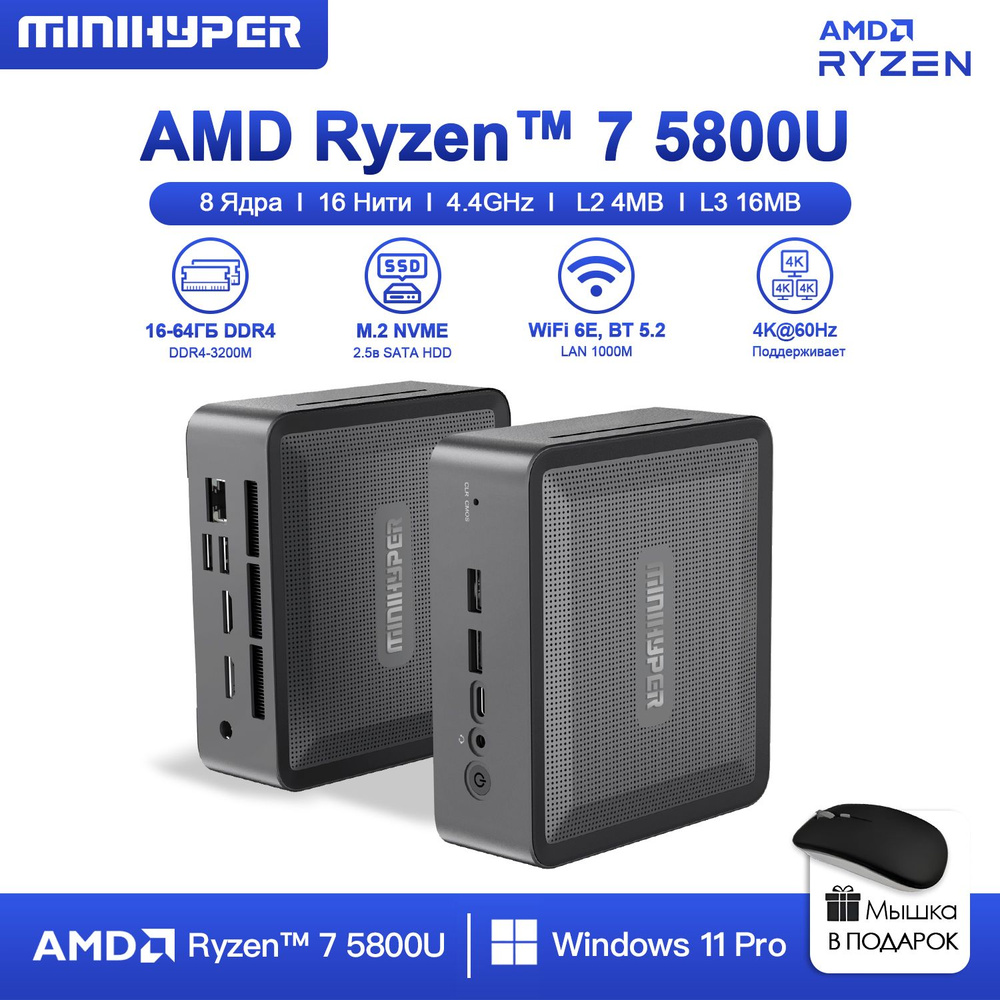 Мини-ПК MiniHyper мини пк игровой (AMD Ryzen 7 5800U, RAM 16 ГБ, SSD 512 ГБ, AMD Radeon Vega 8, Windows #1