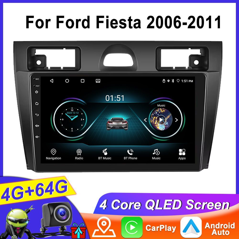 Магнитола для Ford Fiesta 2006-2011, 4 ядерный процессор 4/64 Гб Android 13, QLED экран 9 дюймов,Carplay, #1