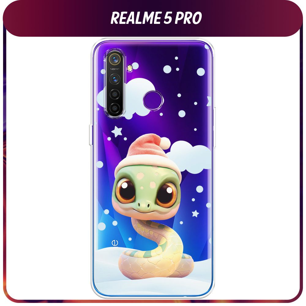 Силиконовый чехол на Realme 5 Pro / Реалми 5 Про - "Новогодний - Зимняя змейка 2", прозрачный  #1