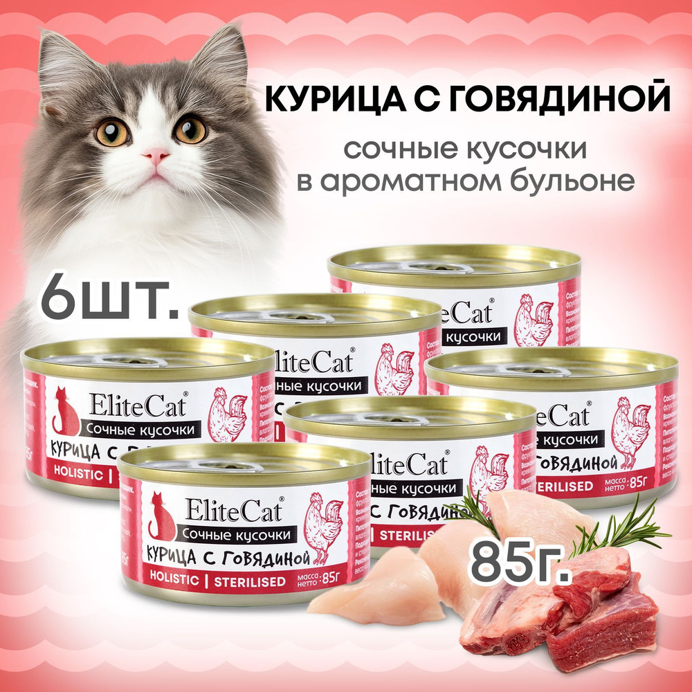 Корм лакомство для кошек влажный ELITECAT консервы сочные кусочки "Курица с говядиной", 85гр КОМПЛЕКТх6 #1