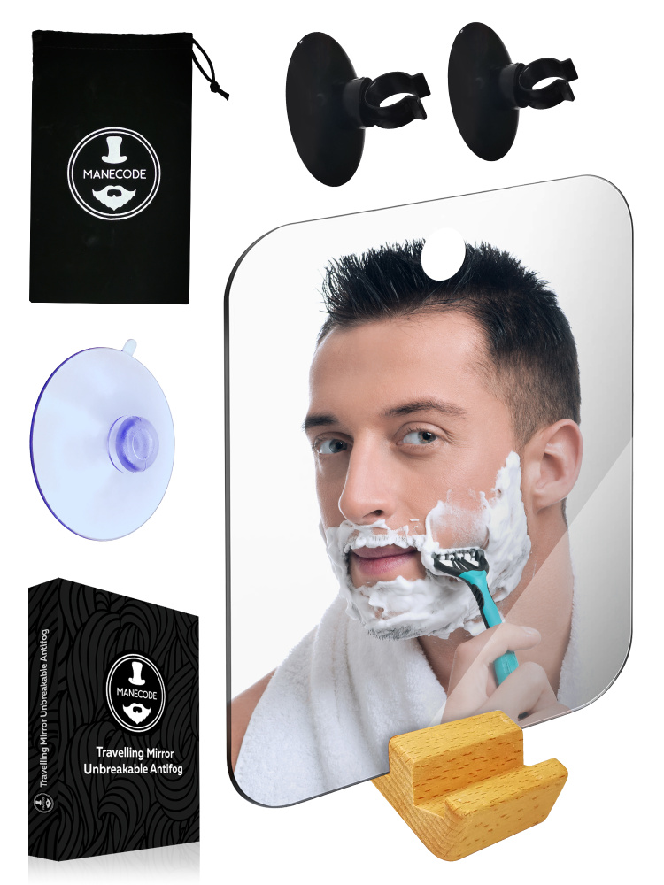 Зеркало для бритья в ванную на присоске небьющееся, с деревянной подставкой и сумочкой для путешествий #1