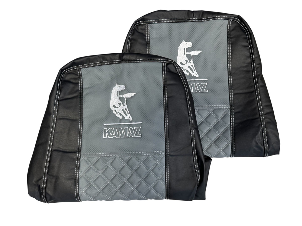 Чехлы на КАМАЗ К70 (2 высоких сиденья) /Экокожа цвет черный + серый ...