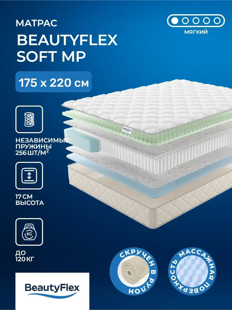 Матрас 175х220 BeautyFlex Soft в скрутке, комфортной жёсткости, пена, независимые пружины, для двоих #1