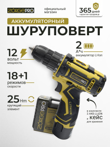 ZORGEPRO Шуруповерт аккумуляторный 12в 18 режимов, 2 скорости, 2Ач, АКБ 2 ШТ, З,У, кейс