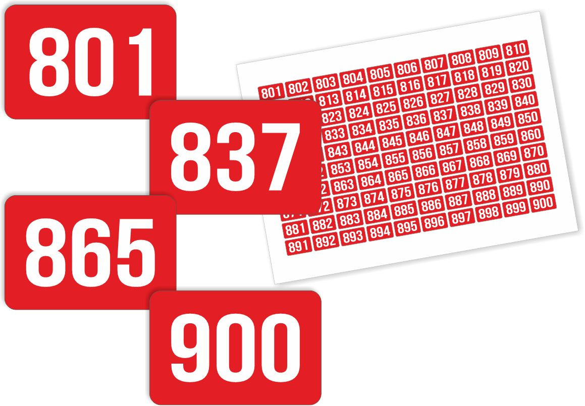 Наклейки с номерами от 801 до 900 прямоугольные 15х10 мм, цвет красный, ПолиЦентр