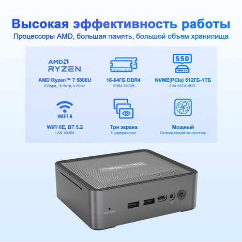 Мини-ПК (AMD Ryzen 7 5800U, RAM 32 ГБ, SSD 1024 ГБ, AMD Radeon