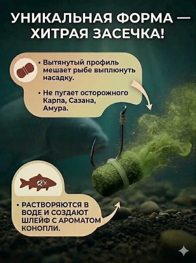Мини бойлы для рыбалки на резинке (дамбелсы), КОНОПЛЯ, 15 шт (6*10 мм), 6x10 мм, 15 шт, фото 2