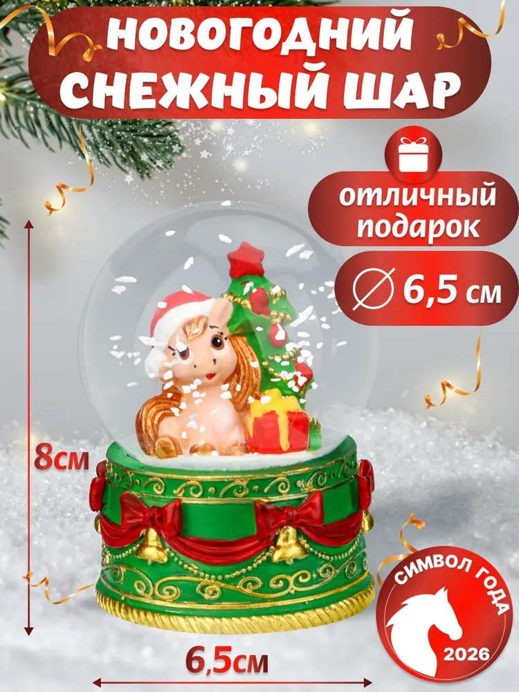 Новогодний сувенир Снежный шар Лошадка под ёлочкой 6,5 см интерьерный декор Miland, вариант