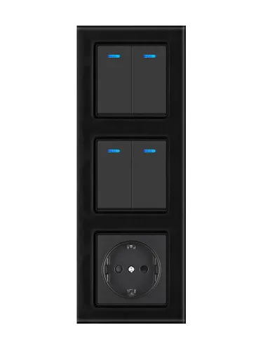 Выключатель с подсветкой и розеткой 3 постовый стеклянная рамка черный VK