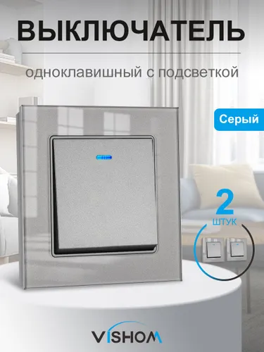 Выключатель одноклавишный с подсветкой стеклянная рамка 2 шт серый 6B