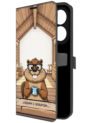 Чехол-книжка Krutoff Eco Book для INFINIX Smart 8 Pro Сидим с бобром (черный)