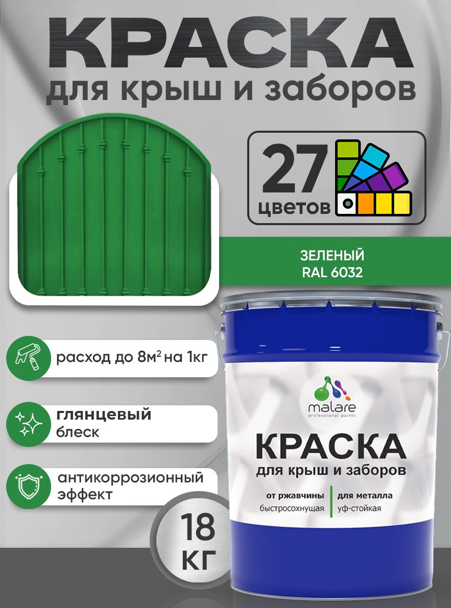 Краска по металлу Malare для крыш и заборов по ржавчине, для наружных работ, быстросохнущая износостойкая RAL 6032 зеленый, глянцевая, 18 кг