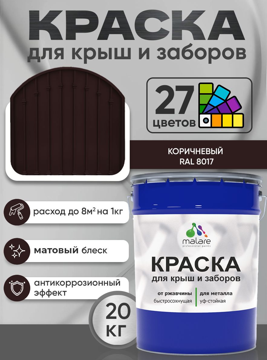 Краска по металлу Malare для крыш и заборов по ржавчине, для наружных работ, быстросохнущая износостойкая RAL 8017 коричневый, матовая, 20 кг