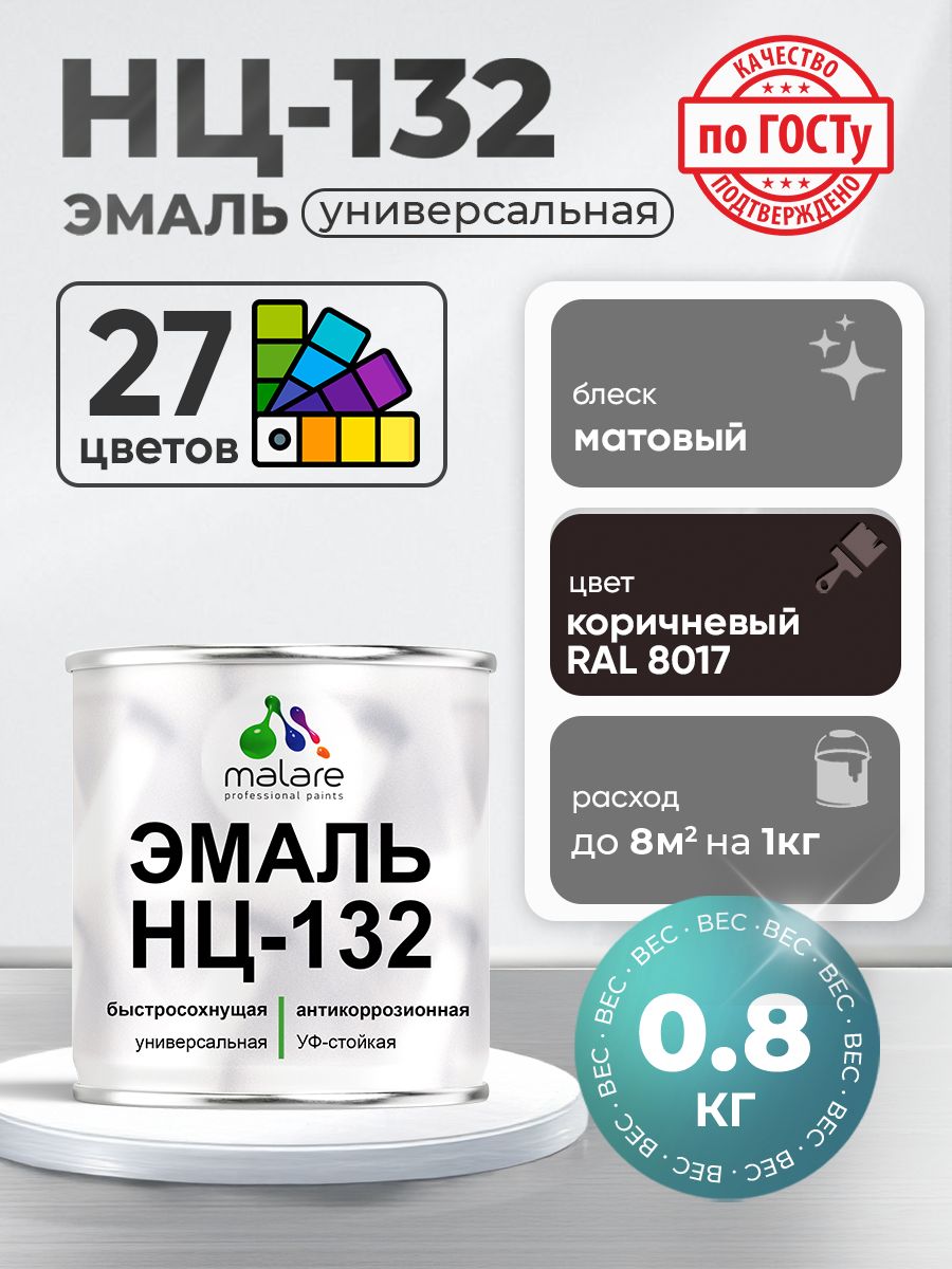 Эмаль Malare НЦ-132 краска для металла по дереву для минеральных поверхностей для внутренних и наружных работ антикоррозионная быстросохнущая RAL 8017, коричневый, матовая, 0,8 кг