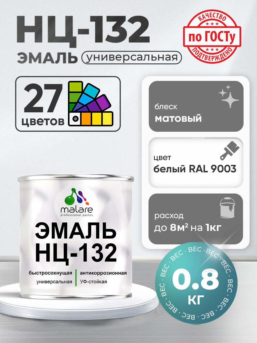 Эмаль Malare НЦ-132 краска для металла по дереву для минеральных поверхностей для внутренних и наружных работ антикоррозионная быстросохнущая RAL 9003, белый, матовая, 0,8 кг