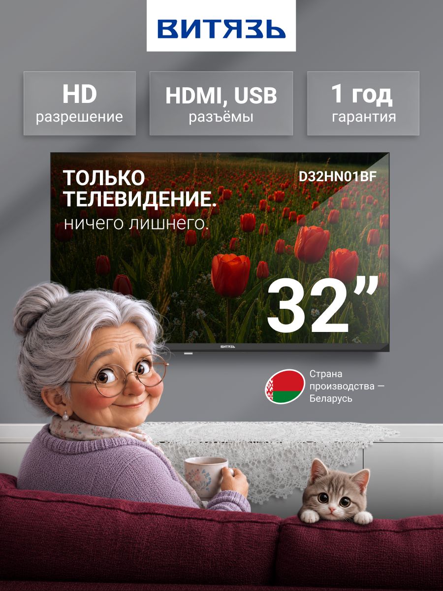 Витязь Телевизор D32HN01BF, с пультом ДУ, HD, DLED, time shift, 32″ HD, черный