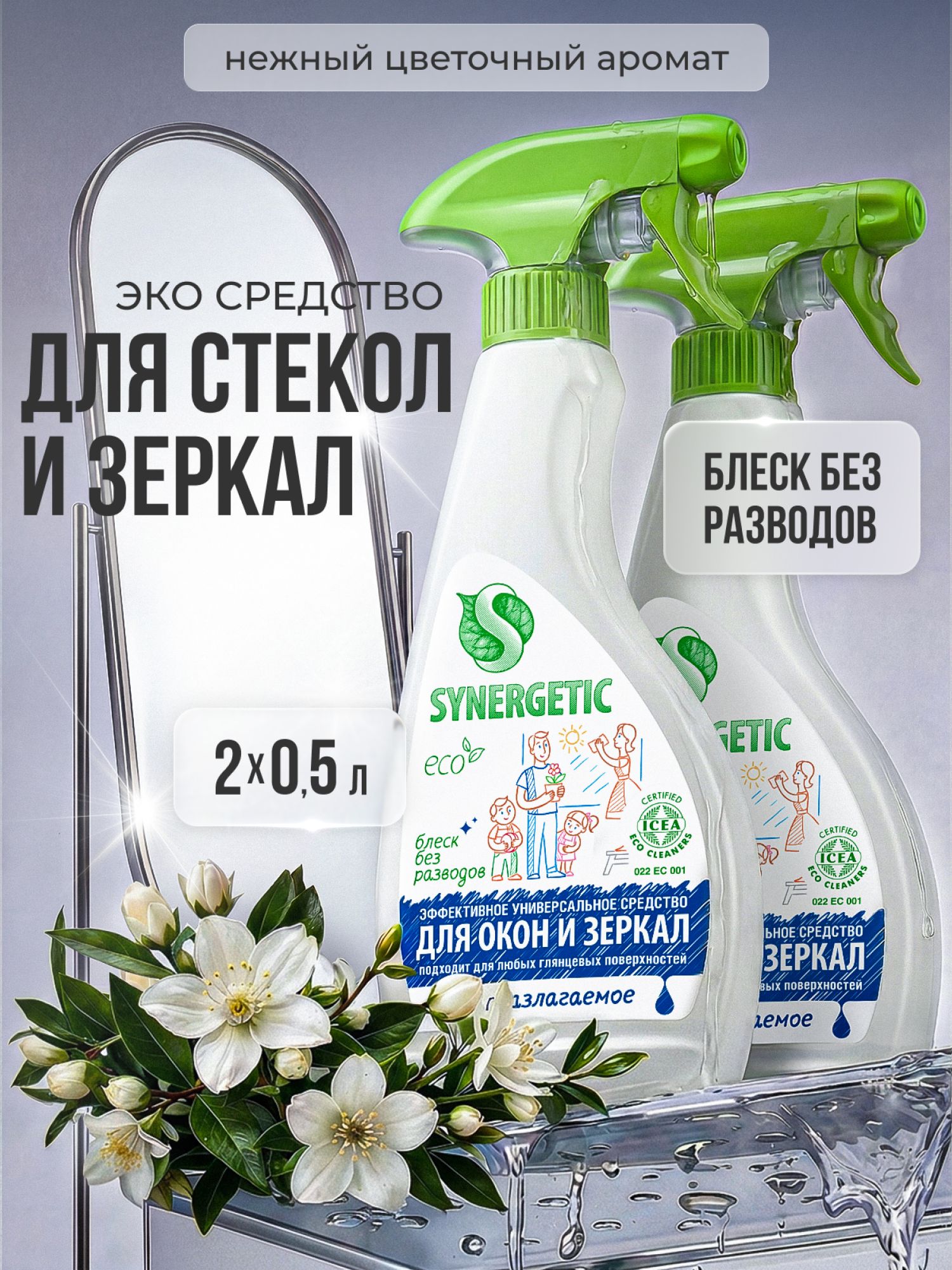 Средство для мытья окон, зеркал, стекол и бытовой техники SYNERGETIC. 0,5л.-2шт. (Набор)
