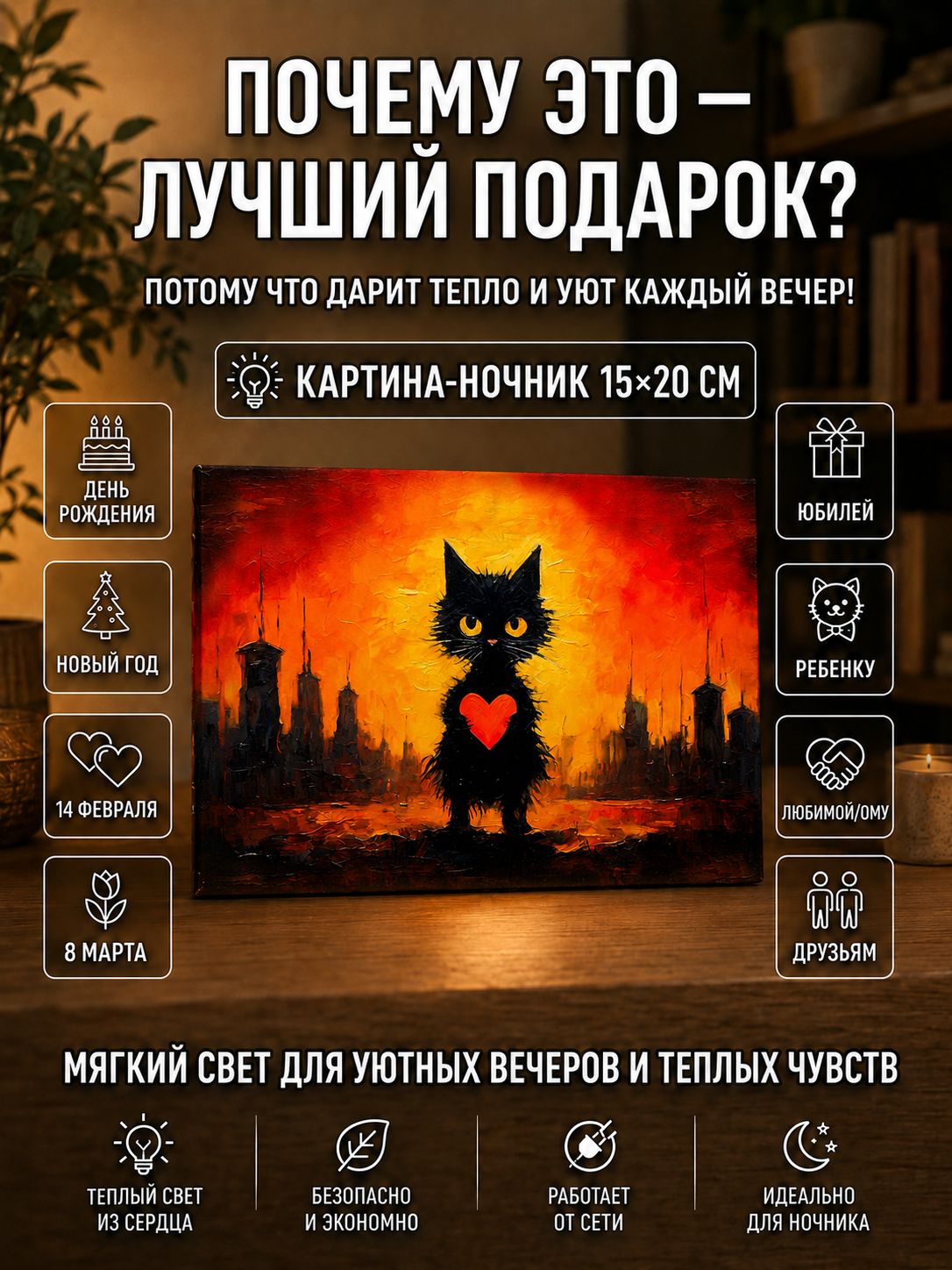 Котик с сердечком в огненном городе