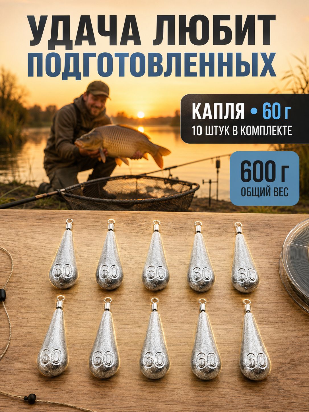 Грузило Капля с вертлюгом 60 г, 10 шт, серебристое, для донной и карповой оснастки