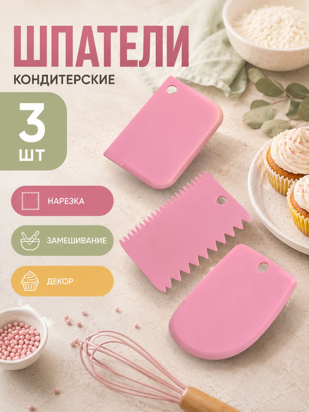 Набор шпателей кондитерских Доляна, 3 предмета, розовый