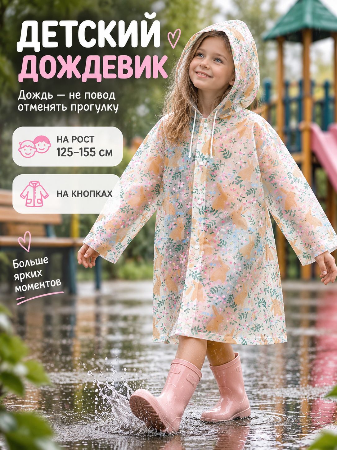 Дождевик детский Зайчики , рост 125-155 см