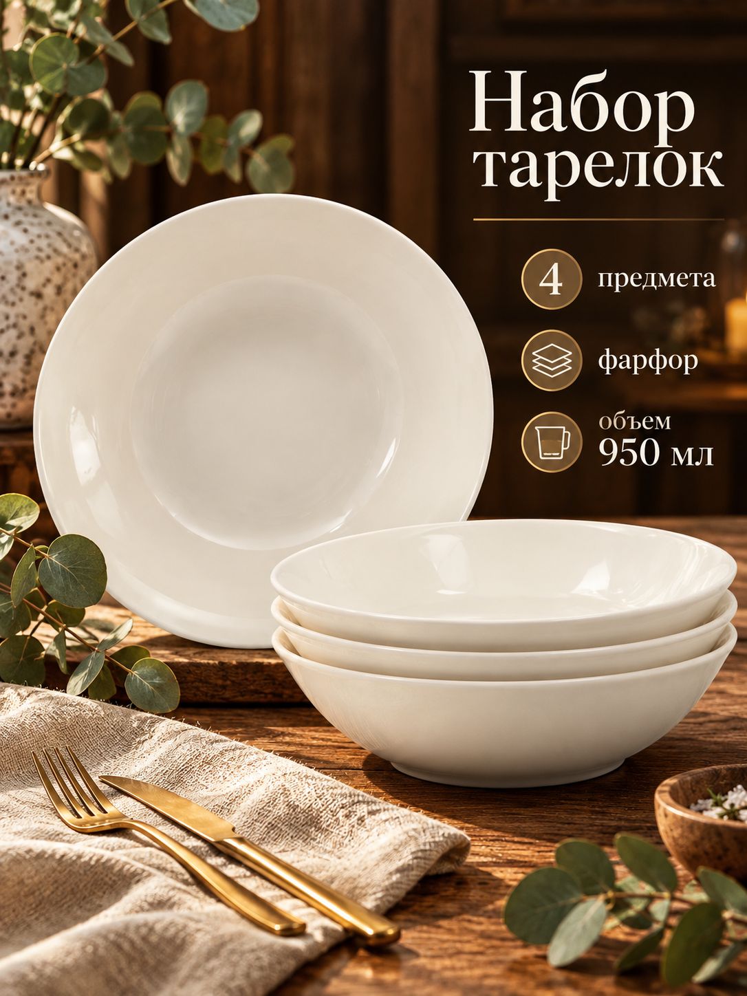 Набор тарелок 950 мл, 20 см, 4 шт, Доляна "White Label", тарелки суповые, глубокие, фарфоровые