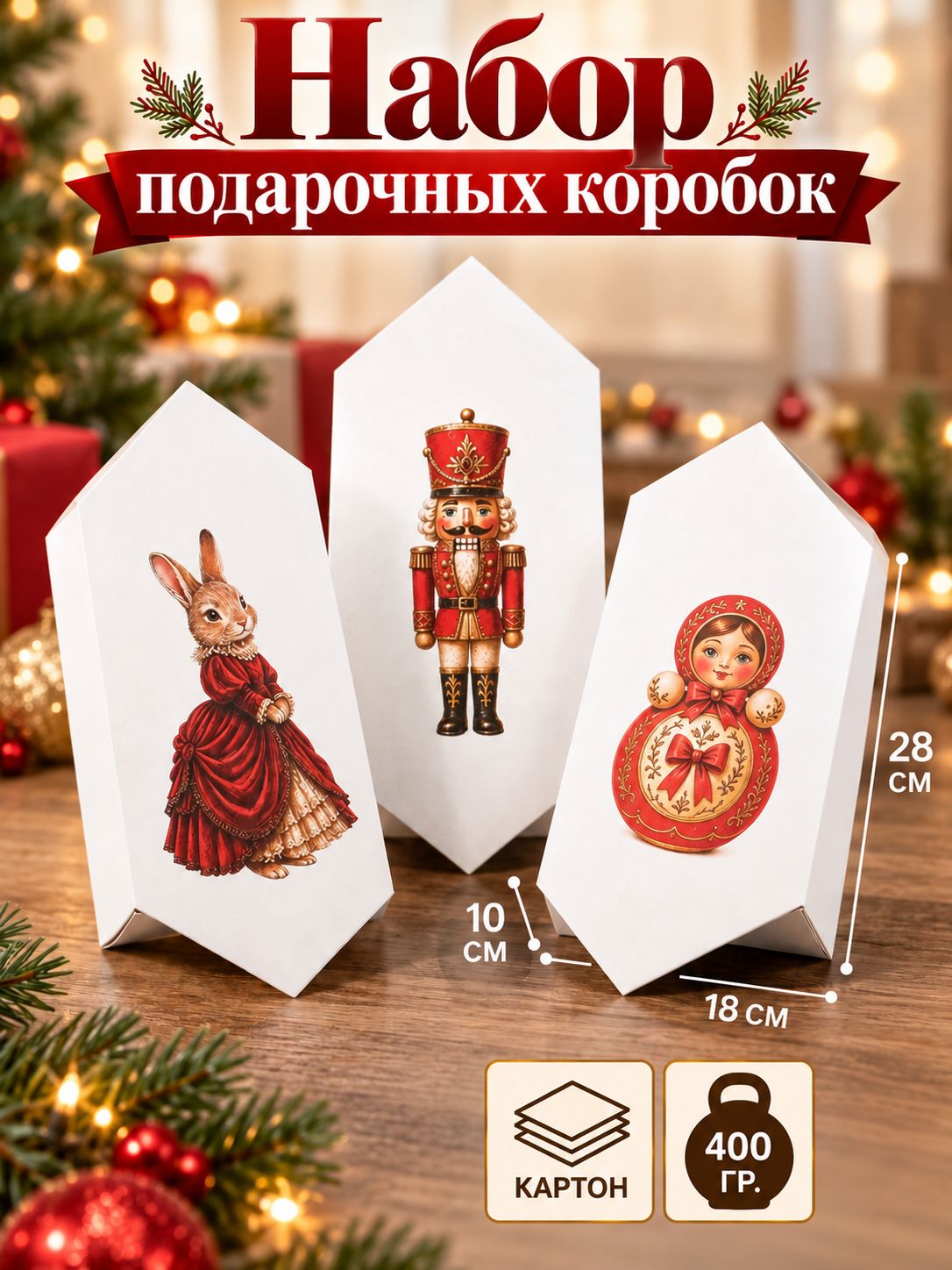 Набор подарочных коробок, новогодняя коробка "Ретро", 3 шт, 18 х 28 х 10 см