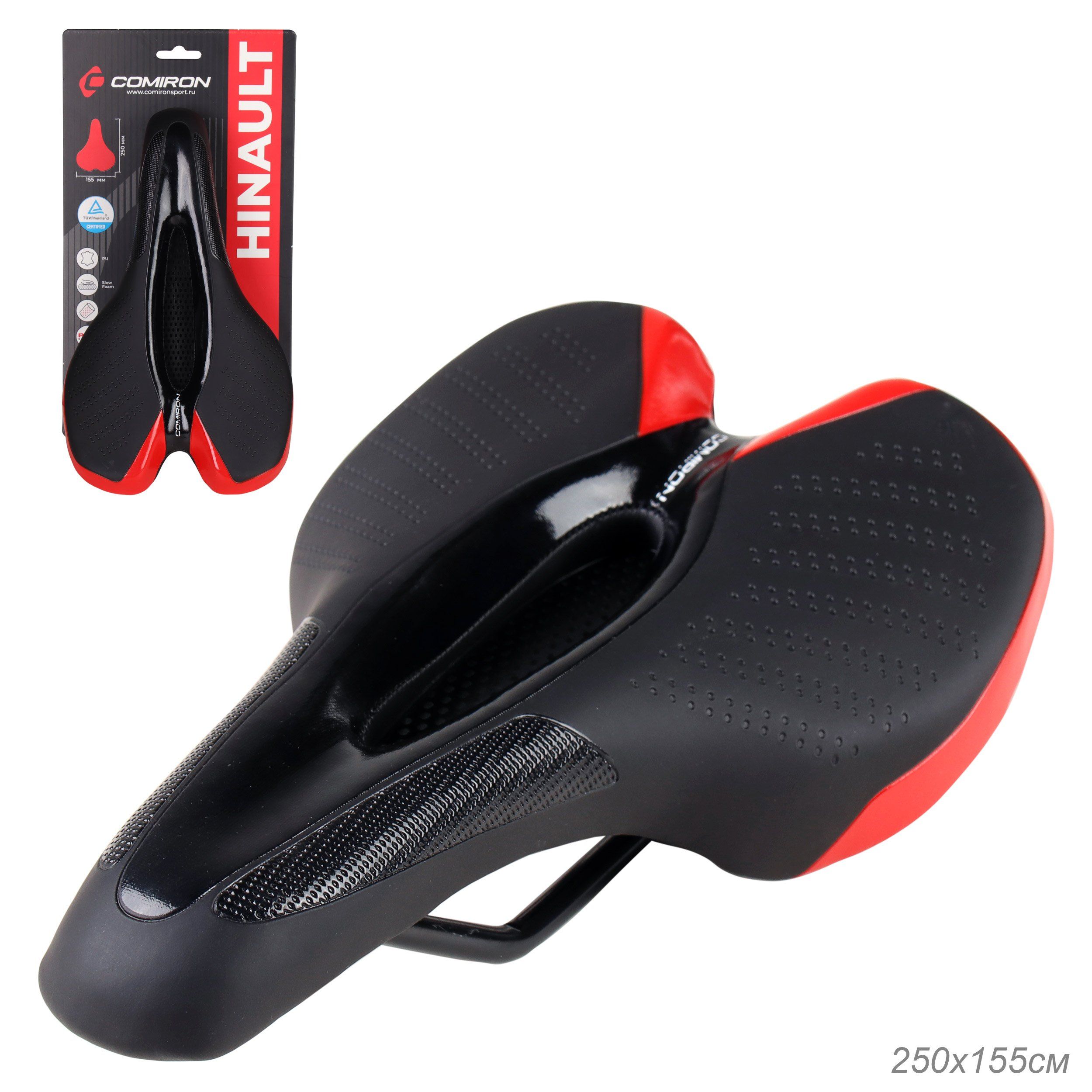 Седло велосипедное MTB COMIRON HINAULT M039R 250X155, верх: PU принтованный глянец, черное с красным Седло велосипедное MTB COMIRON HINAULT M039R 250X155, верх: PU принтованный глянец, черное с красным
