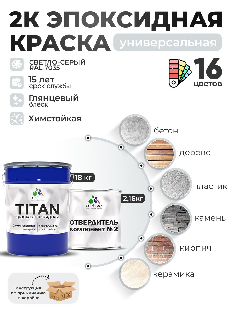 2К Эпоксидная краска Malare TITAN универсальная, двухкомпонентная влагостойкая высокопрочная износостойкая, RAL 7035 светло-серый, глянцевая, (18 кг + 2,16кг отвердитель)