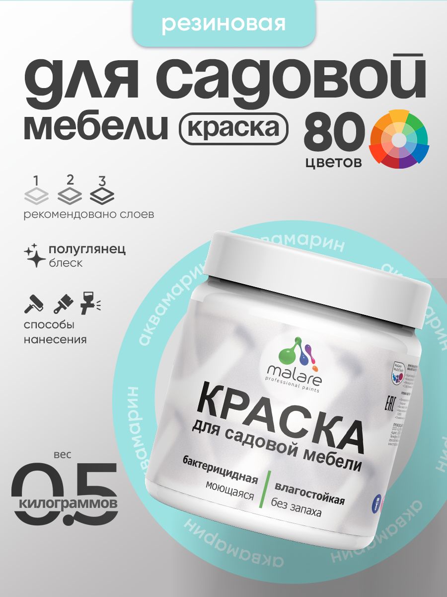 Резиновая краска Malare для садовой мебели/ по дереву, для наружных и внутренних работ/ быстросохнущая моющаяся без запаха полуглянцевая, аквамарин, 0.5 кг