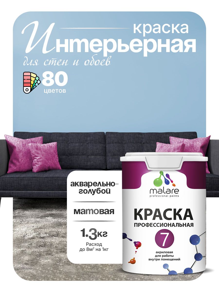 Краска Malare Professional Euro №7 интерьерная для стен и обоев, для потолка, акриловая, быстросохнущая, без запаха, матовая, акварельно-голубой, (1л - 1.3кг)