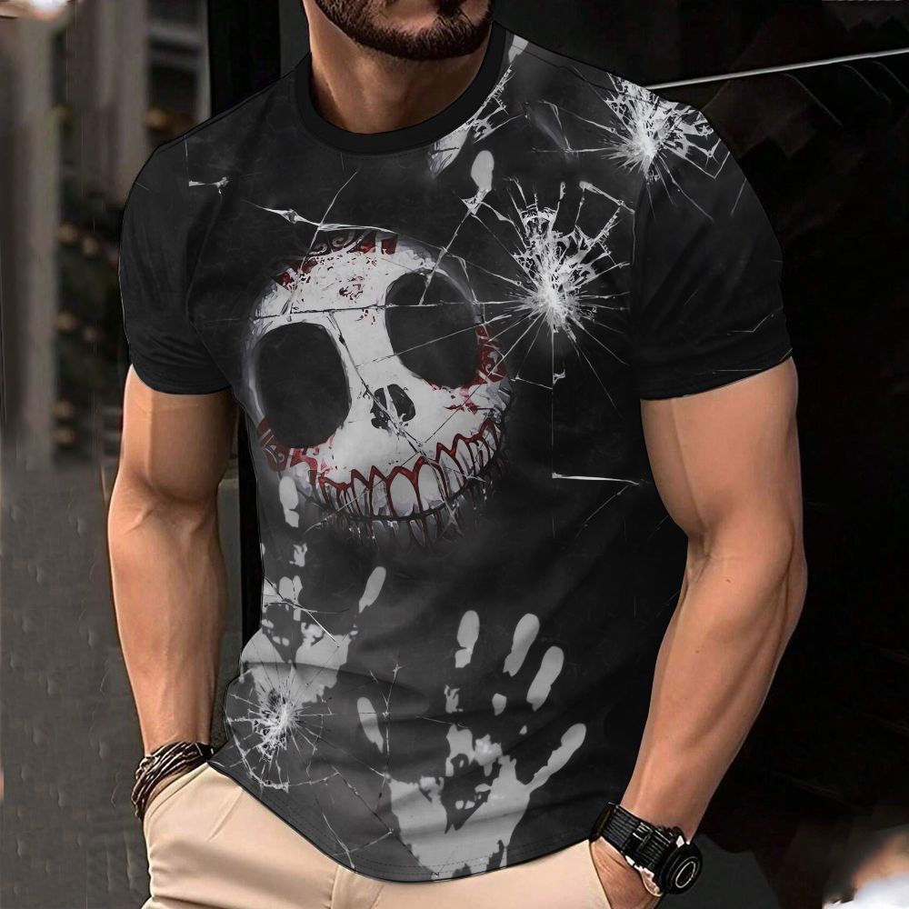 ФутболкаМужскаячернаякрутаяфутболкасдизайномизображениятрещиновогочерепаиотпечатковрук