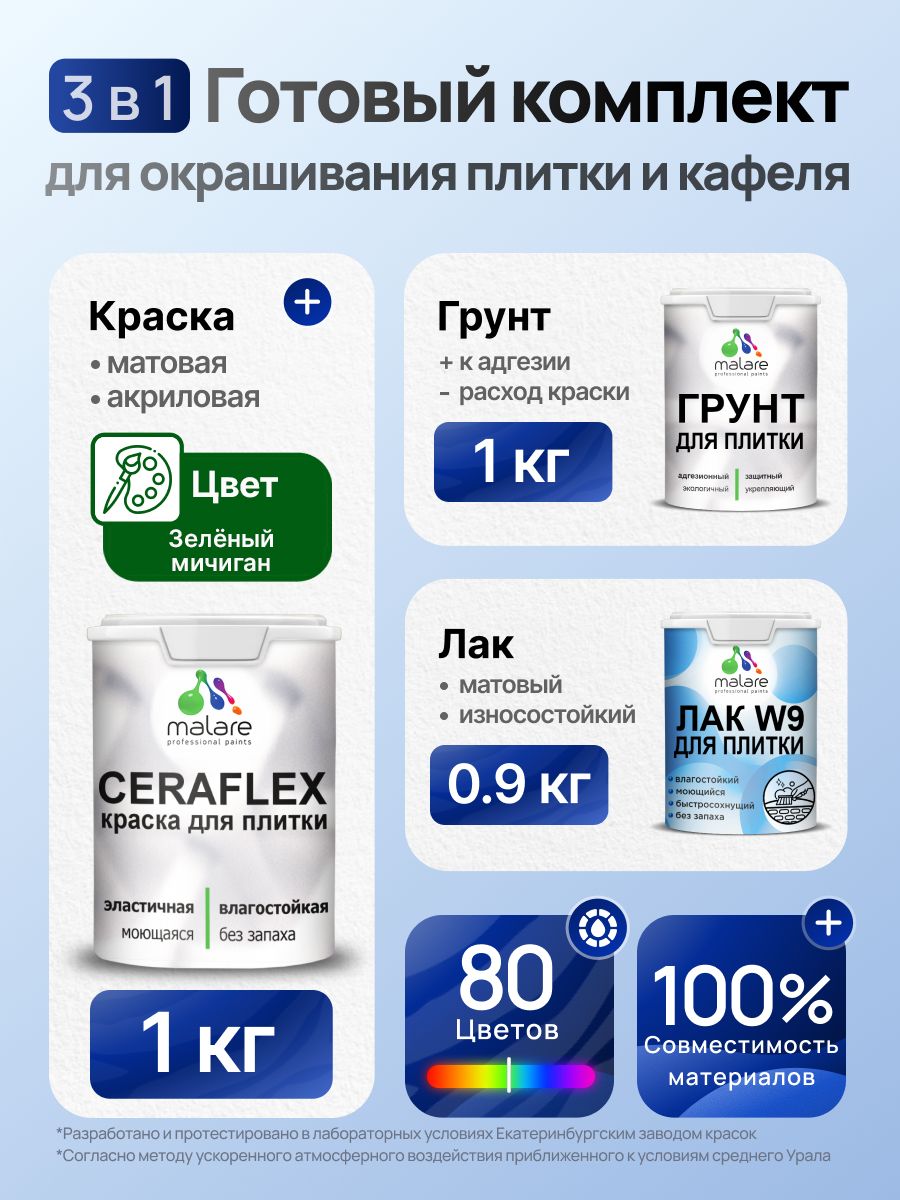 Комплект Malare LIPPO для окрашивания плитки и кафеля (1кг грунт + 1 кг краска + 0.9кг лак), акриловый, без запаха, быстросохнущий, матовый, цвет зеленый мичиган