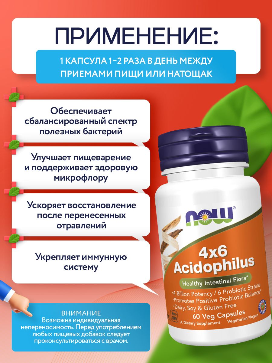 Now, 4X6 ACIDOPHILUS 60 капсул