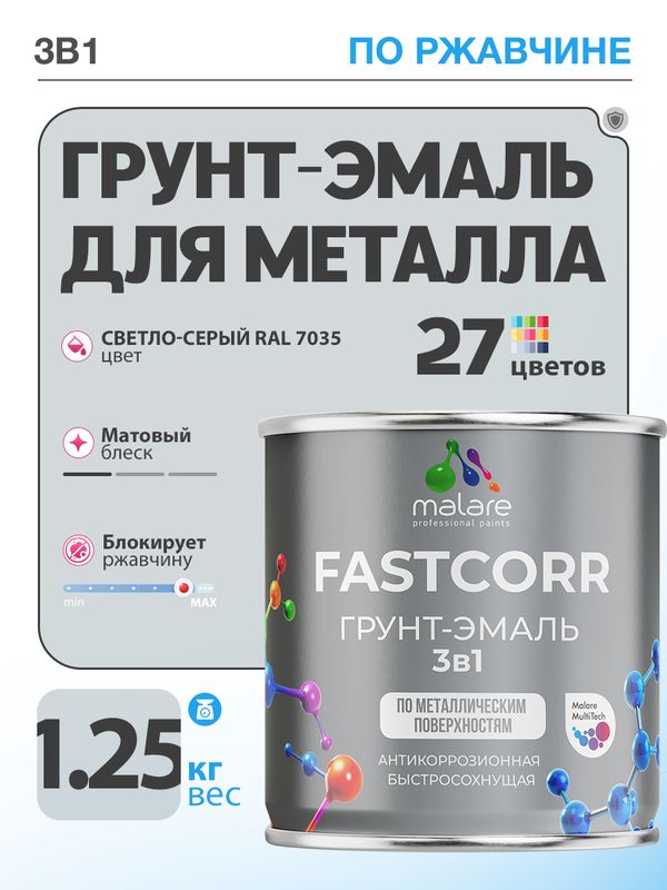 Грунт-эмаль по ржавчине 3 в 1 Malare FastCorr краска для металла, антикоррозионная износостойкая быстросохнущая RAL 7035, светло-серый, матовая, 1,25 кг.