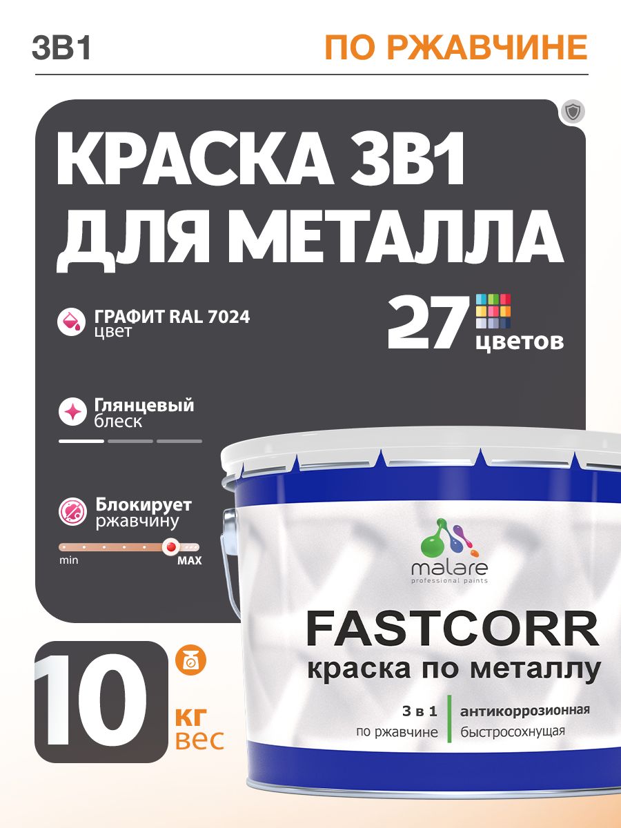 Краска для металла по ржавчине Malare FastCorr, для наружных работ износостойкая, быстросохнущая RAL 7024 графитово-серый(темный), глянцевая, 10 кг