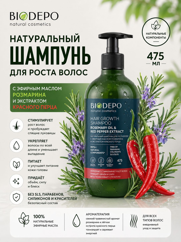 Шампунь Biodepo натуральный для роста волос с эфирными маслами розмарина и экстрактом красного перца #1