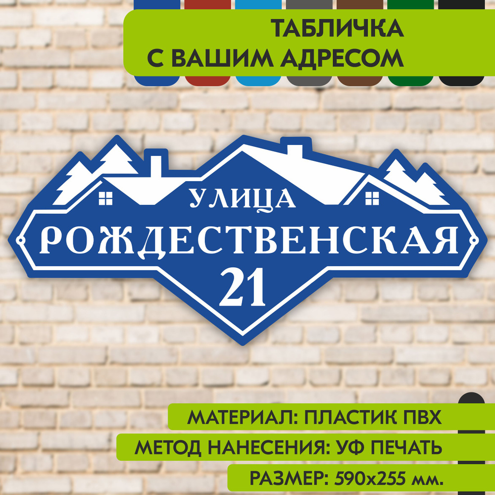 Адресная табличка на дом "Домовой знак" синяя, 590х255 мм., из пластика, УФ печать не выгорает  #1