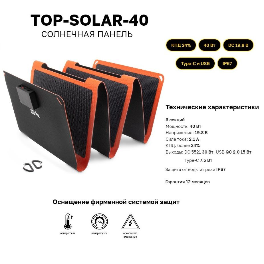 Солнечная батарея TOP-SOLAR-40 40W DC 19.8V, USB QC3.0 и Type-C,  влагозащищенная IP67, складная на 6 секций