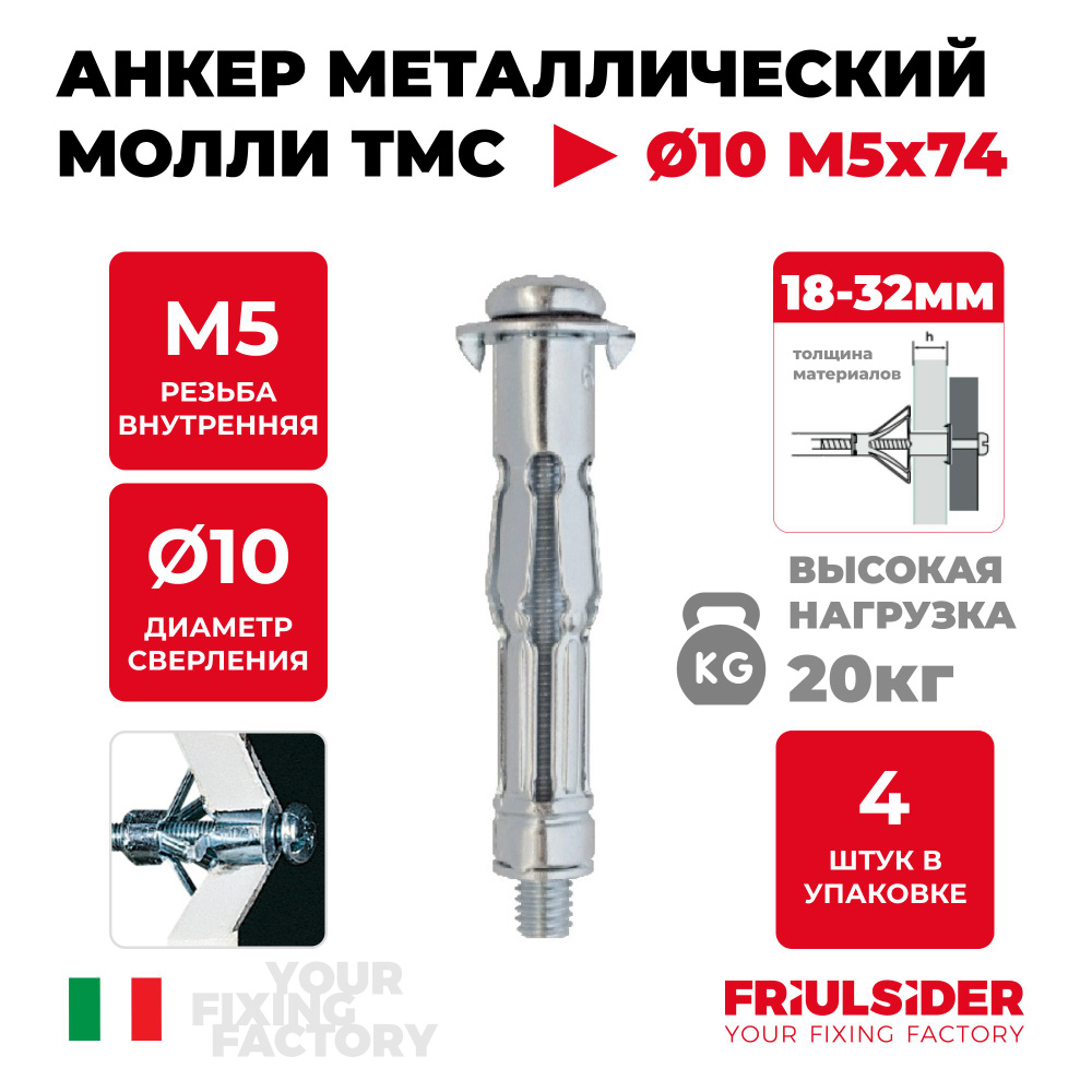 Анкер молли TMC 5x74 металлический для листовых материалов, гипсокартона (4 шт) - Friulsider  #1