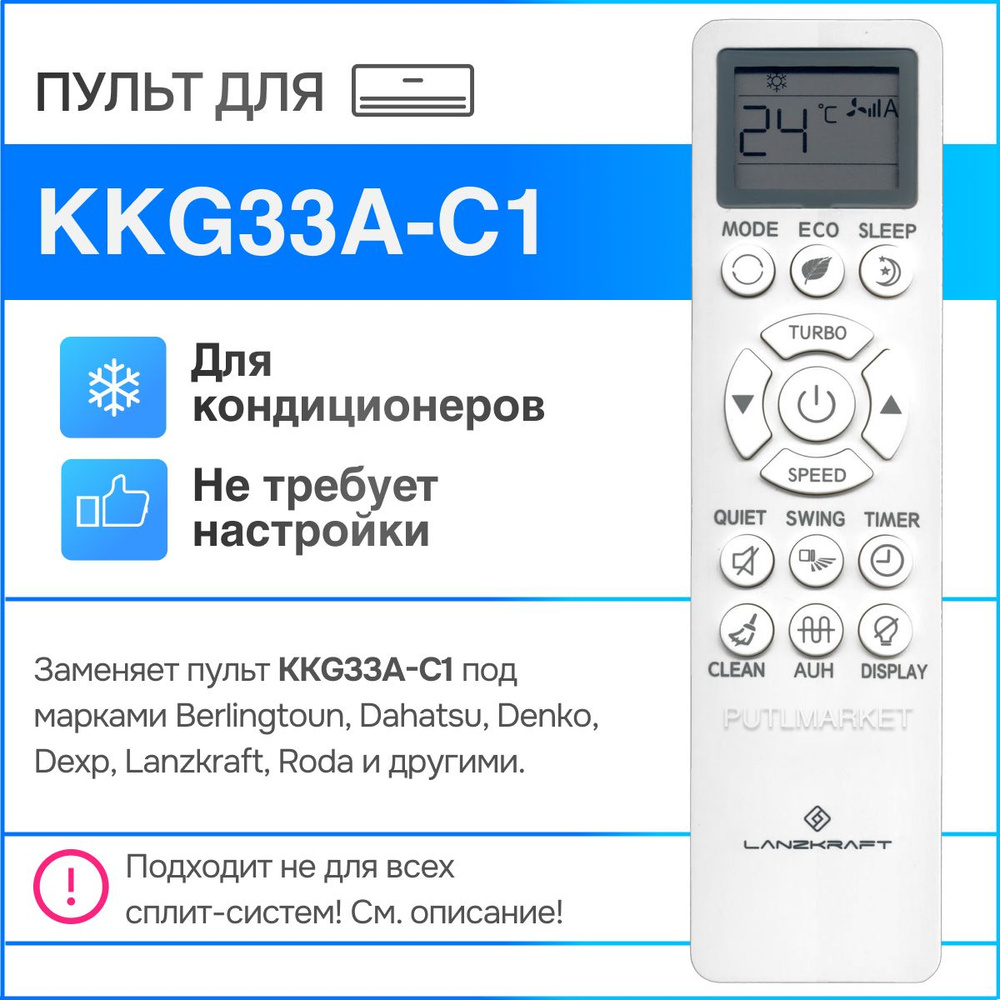 Пульт KKG33A-C1 для сплит-системы (кондиционера) Lanzkraft, Dexp, Roda и др.