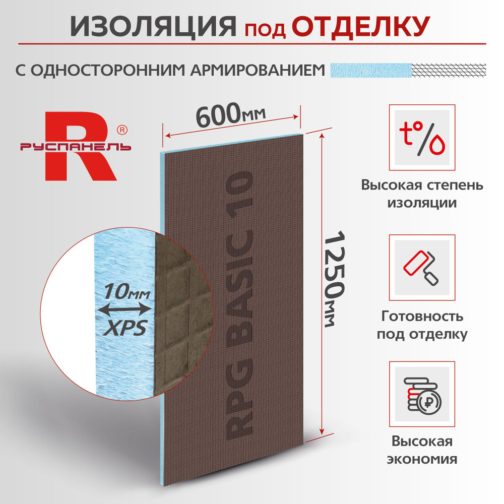 Теплоизоляционная панель Basic с односторонним армированием Ruspanel XPS  RPG 1250х600х10 мм сетка1/эппс10 Руспанель купить по доступной цене с  доставкой в интернет-магазине OZON (827638938)