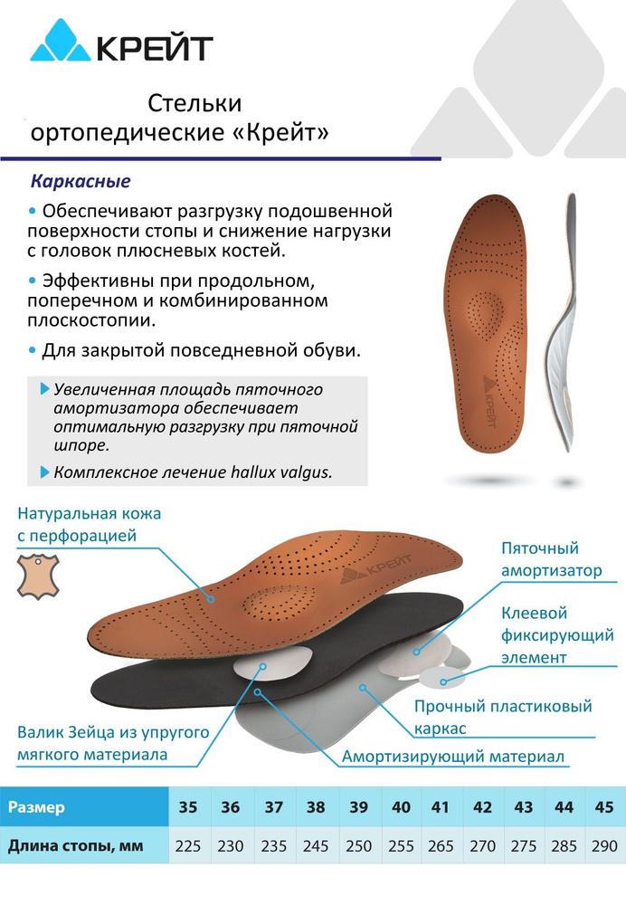 Стельки ортопедические кожаные, каркасные при пяточной шпоре и плоскостопии, Крейт, №35  #1